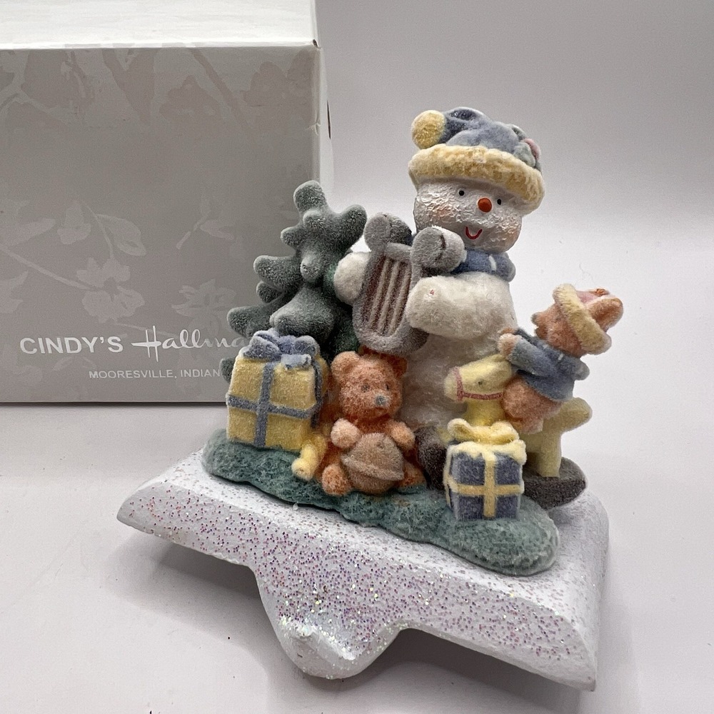 Snowman Flocked Frosted Stocking Holder Surrounded With Toys Giftcraft Inc Vtg